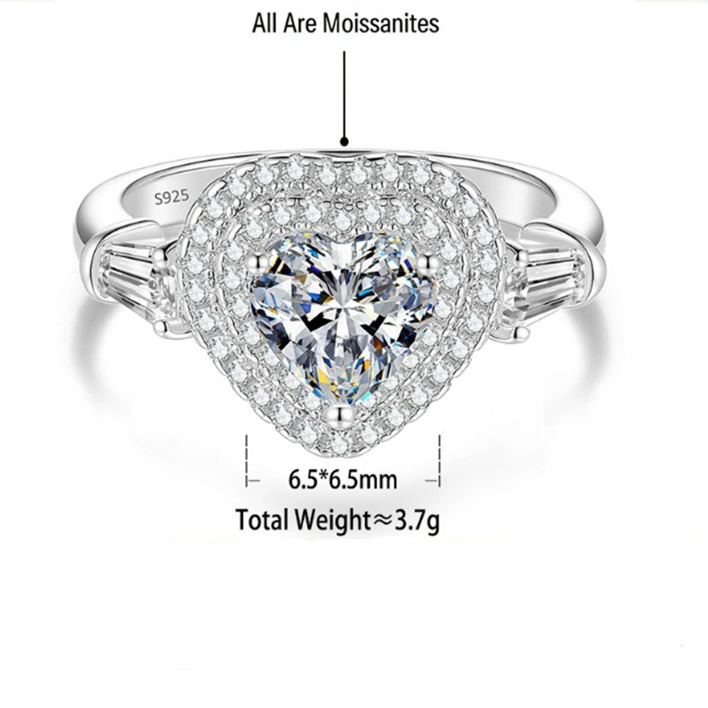 

D Color Heart Shaped 1ct Moissanite Ring S925 Sterling Silver Wedding Rings for Woman Birthday Marry Anniversary Jewelry Gift