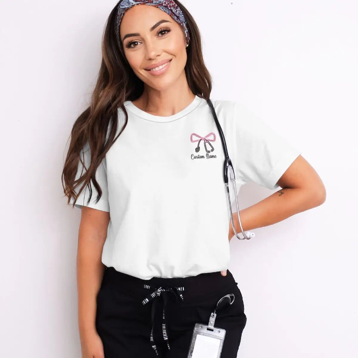 

Women's DIY Name Nurse T-shirts Casual Short Sleeve Summer Y2K Tops Vintage Stethoscope Customize Name Graphic Ladies Tshirts