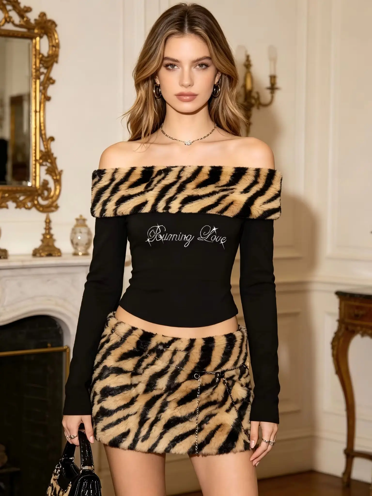 Women's Leopard Print Fur Collar One-Shoulder Slim Long-Sleeved T-Shirt Sexy Off-the-Shoulder Style for Autumn