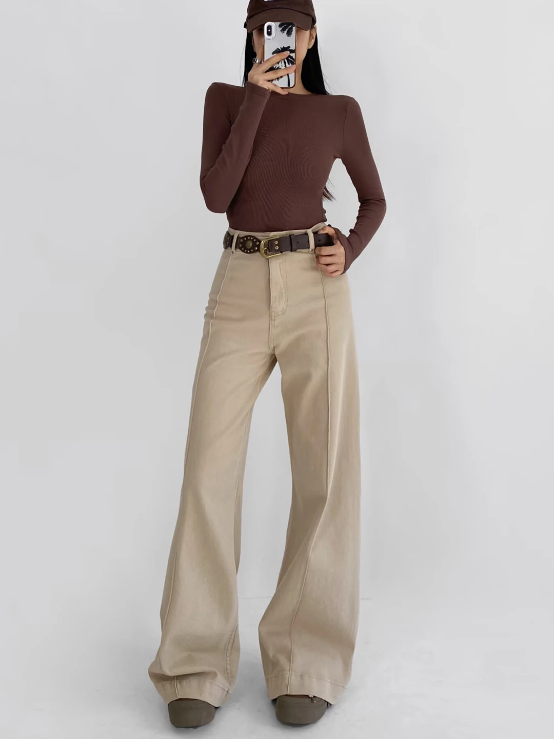 

American Style High Waist Straight Leg Jeans Women's Tall Floor Length Pants Casual Cotton Trousers Slimming Effect