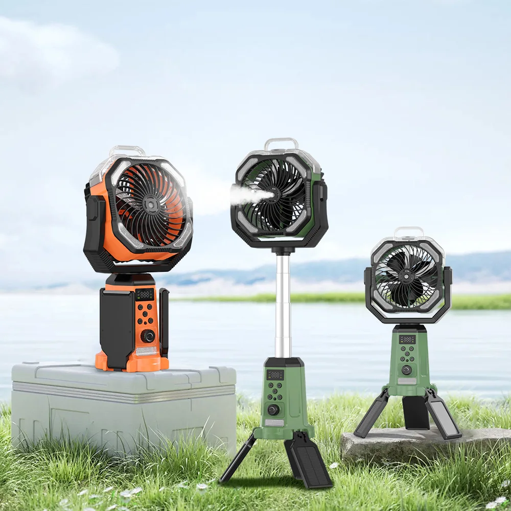 

Newest 20000mAh Solar Camping Outdoor Fan Desktop Cooling Spray Fan Standing USB Rechargeable Retractable Camping Fan With Mistp