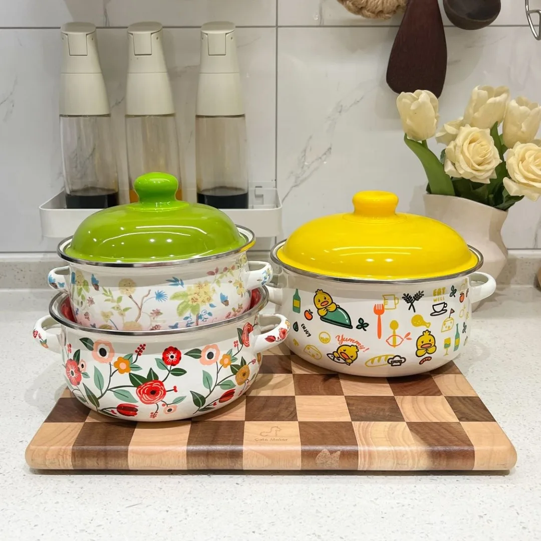 Kitchen Cookware Utensils Set 16/18/20CM Red Yellow and Green Enamelled Pots and Pans, 3-piece Set, Induction Cooktop, Open Fire