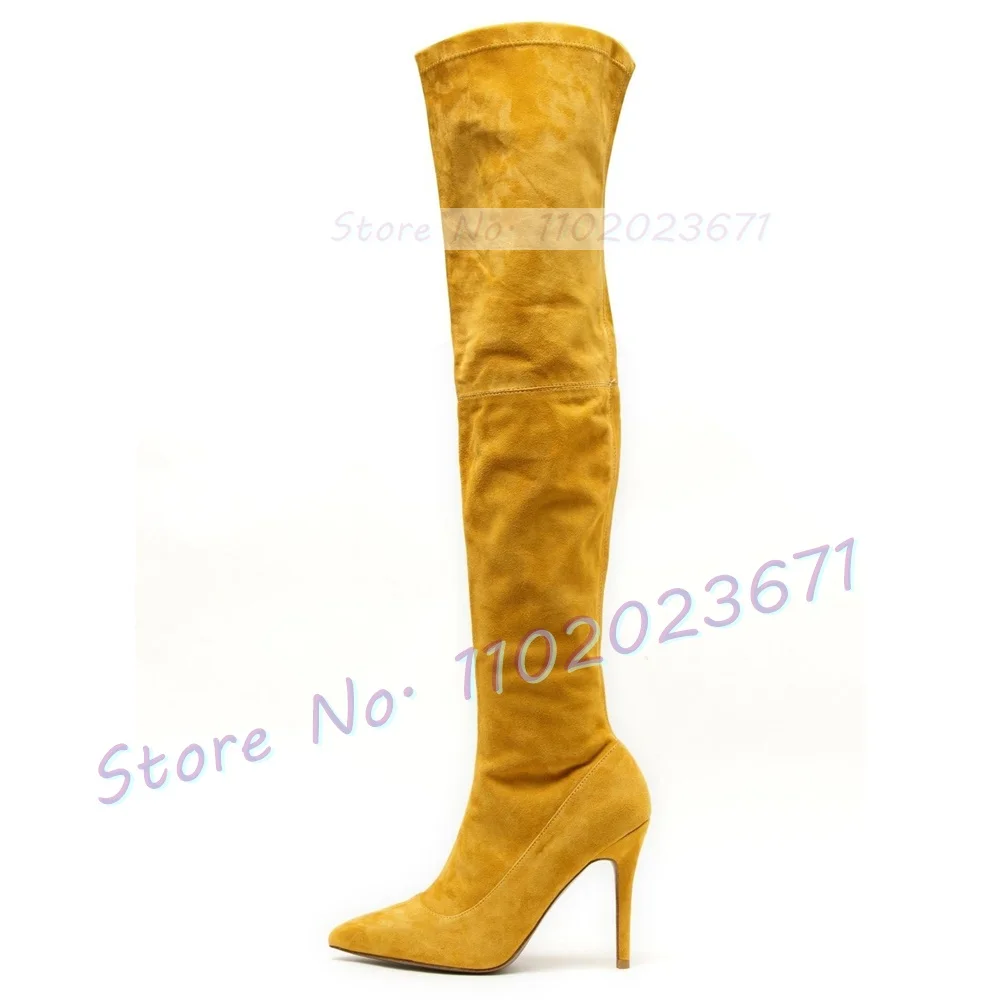 Yellow Suede Splicing Long Boots Women Vintage Streetwear Pointed Toe Over Knee Boots Ladies Green High Heels Sexy Side-zip Shoe