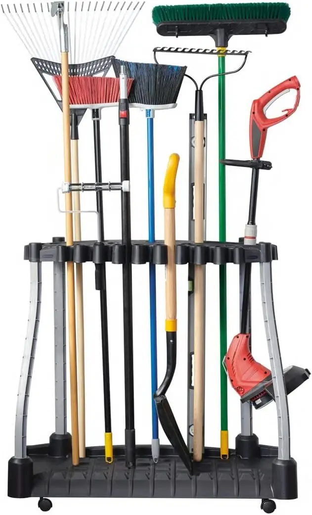  Garage Tool Tower Rack, Easy to Assemble, Wheeled, Organizes up to 40 Long-Handled Tools/Rakes/ Brooms/Shovles