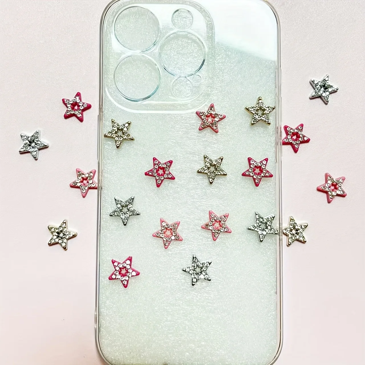 

20Pcs Bling Diamond Pink Sliver Hollow Star Triple Heart Pentagram Bow Gold Queen Smile Words Junk Phon Case Decoration Charms