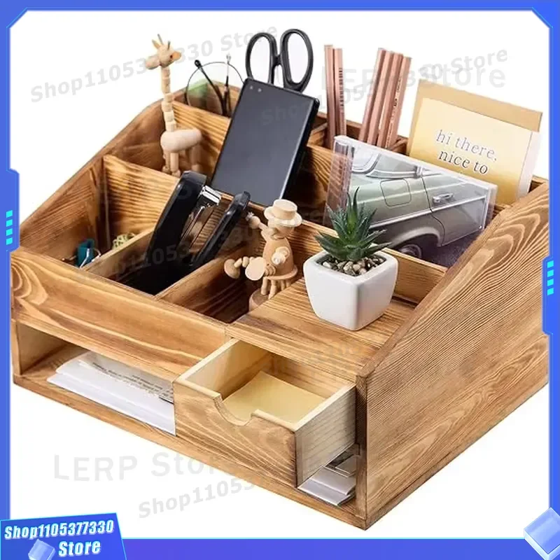Wooden Desk Organizer Box with Pen Holder for Office Supplies Storage Calculator Scissors Sticky Notes Desktop Tidy Home
