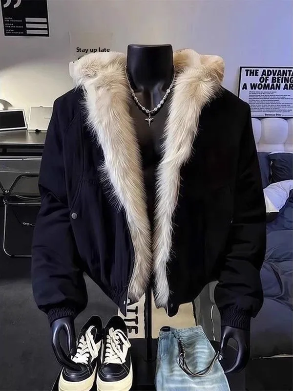 

Thiened Large Size 300 Pou Bla Fur Collar Hooded Cotton Jaet ex Winter Warm Anti-Cold Mount Ta Ta Coat