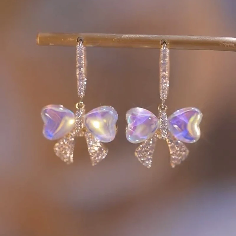 Nueva tendencia de moda, pendientes con colgante de lazo colorido con diamantes de imitación para mujer, temperamento exquisito, joyería de fiesta para niñas, regalo de cumpleaños