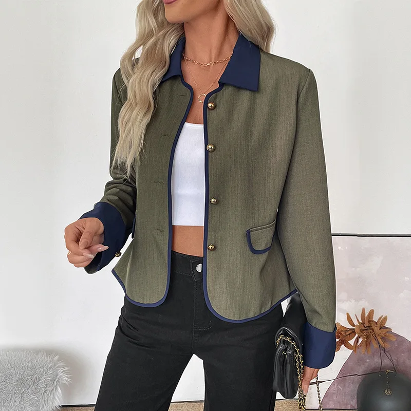 

Модные пальто 2023, осенняя новинка, элегантная женская куртка в стиле ретро с металлическими пуговицами и лацканами контрастного цвета для женщин