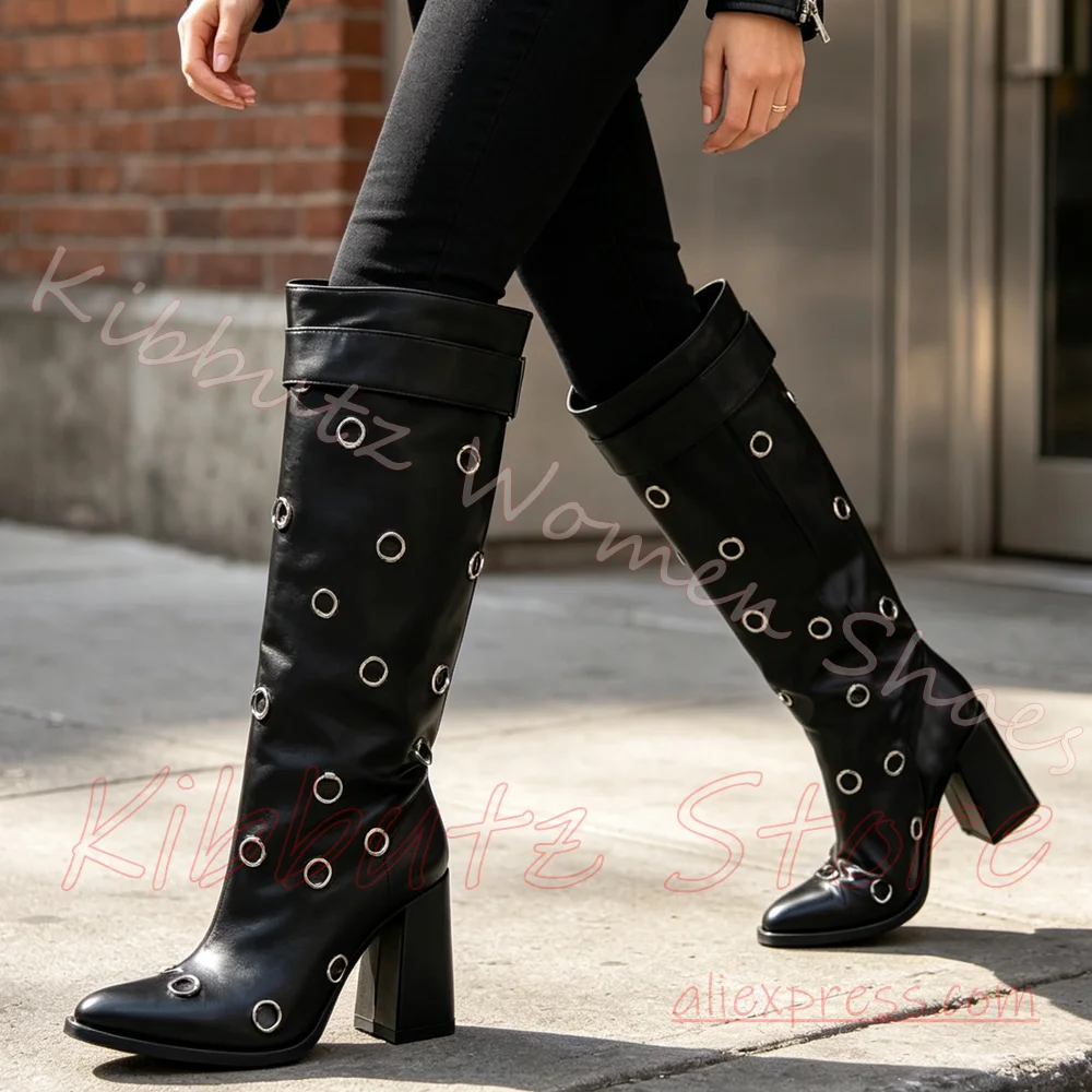 Knee High Boots Eyelet Ring Decor Pull On Strap Vintage Punk Style Round Toe Block Heel Slip-On Shoes Street Fashion Leather New