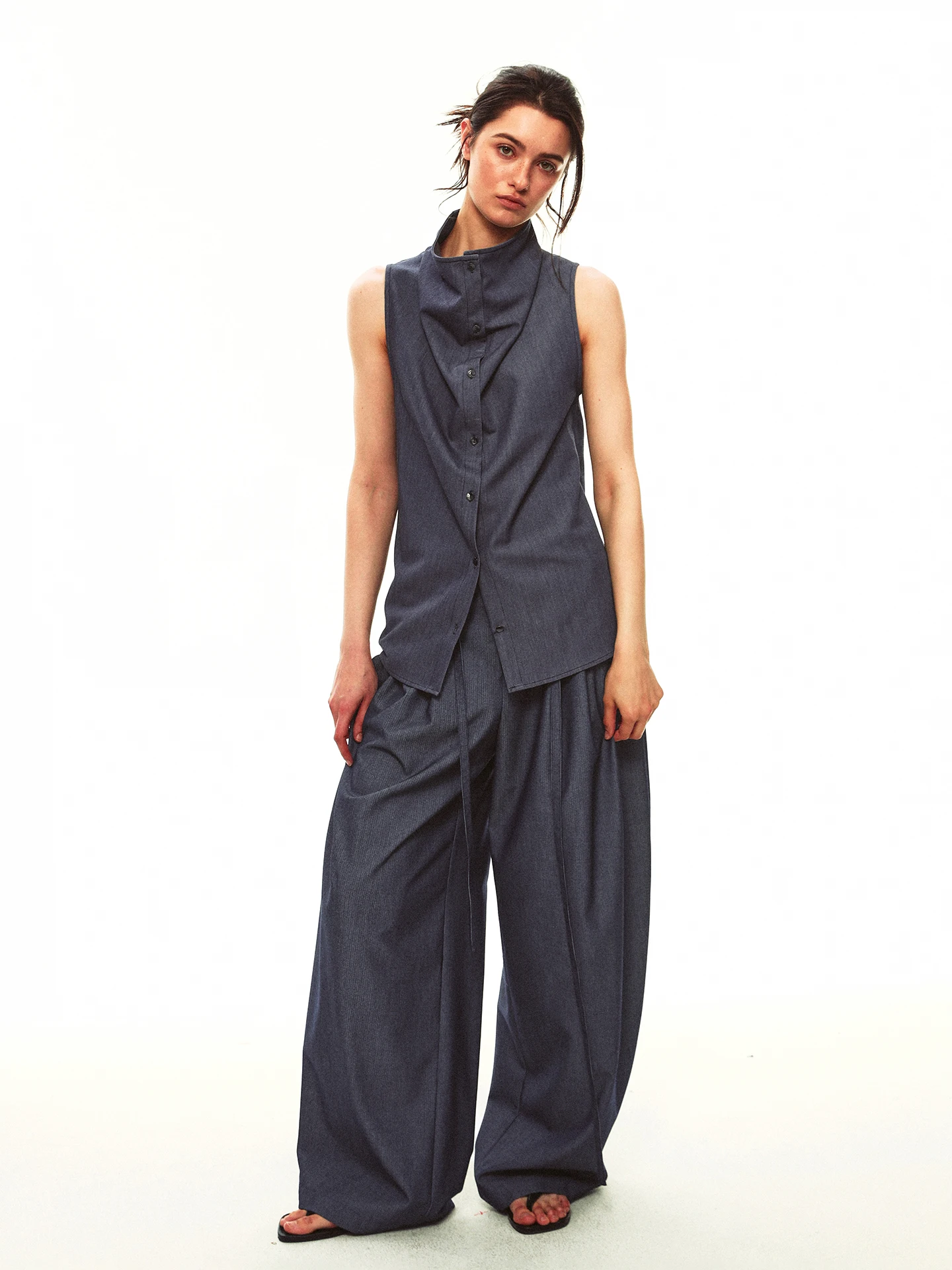 Summer Casual Sleeveless Shirt Vest Set Single Moment Drawstring Bateau Neck Sword Pleat Loose Fit Women's Fashion Outerwear
