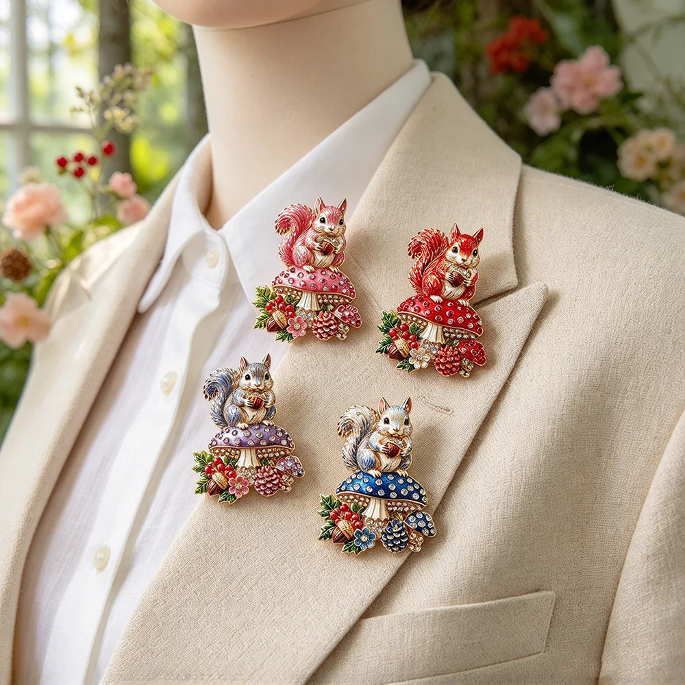 Squirrel Mushroom Enamel Brooch, Rhinestone Cute Animal Pin, Forest Acorn Lapel Pin Jewelry Gift for Women Clothing Decoration view 2