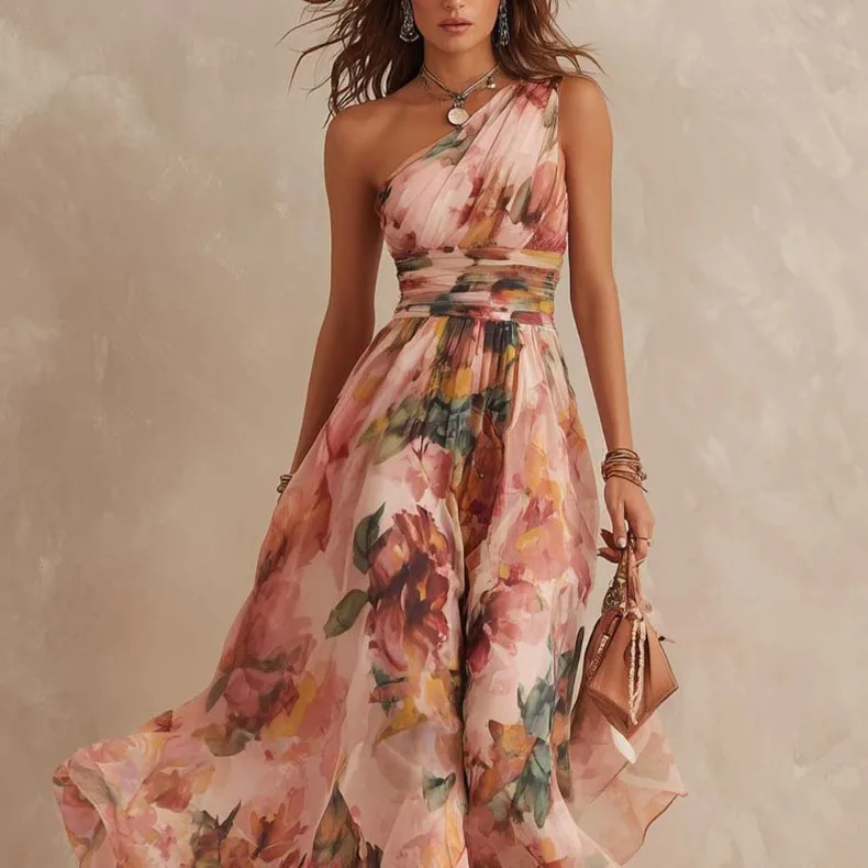 Retro bedrucktes, schulterfreies, ärmelloses A-Linien-Kleid mit Taillenbund für tägliche Partys, Geburtstage, sexy, elegantes langes Damenkleid – Detail 6