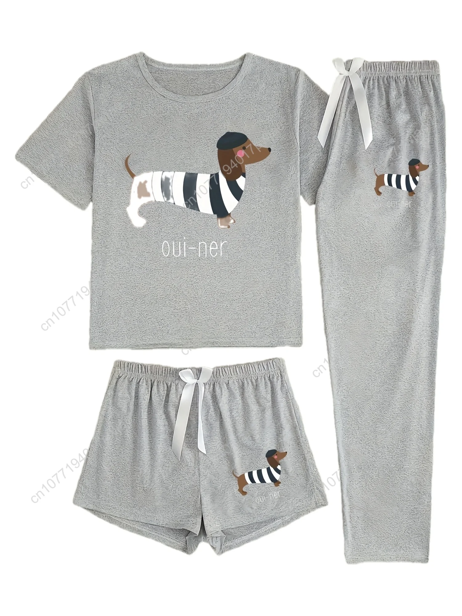 

Women's 3pcs Dachshund Print Pajama Set • Cute Cartoon Dog Sleepwear with Shorts Long Pants • Soft All-Season Comfort Lounge