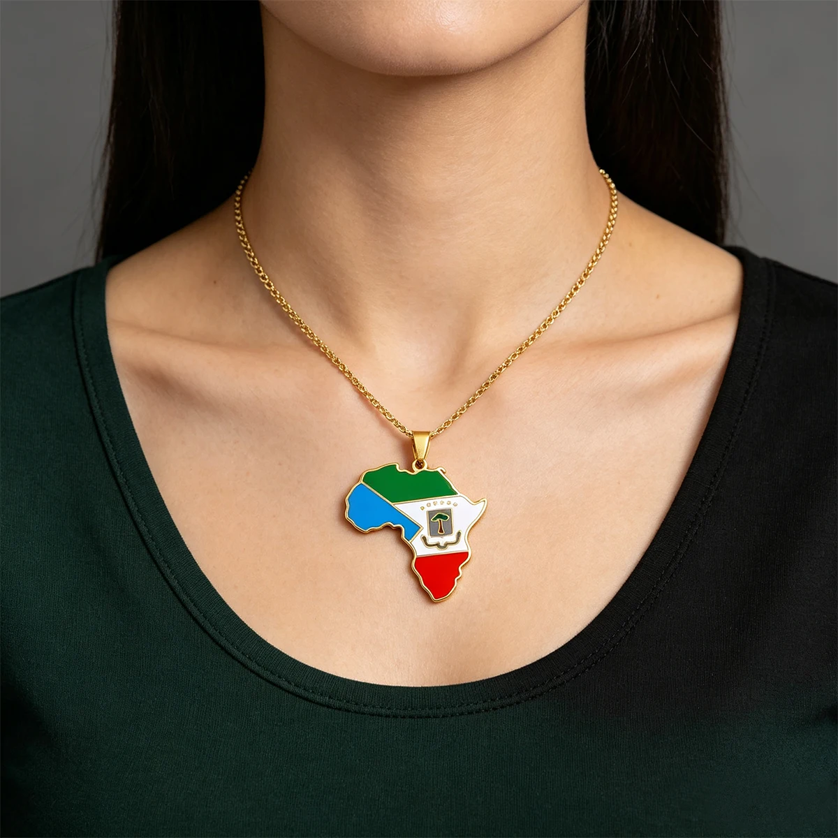 Vintage Enamel Africa Equatorial Guinea Map Flag Pendant Necklace Casual Fashion Unisex Couple Stainless Steel Ethnic Jewelry