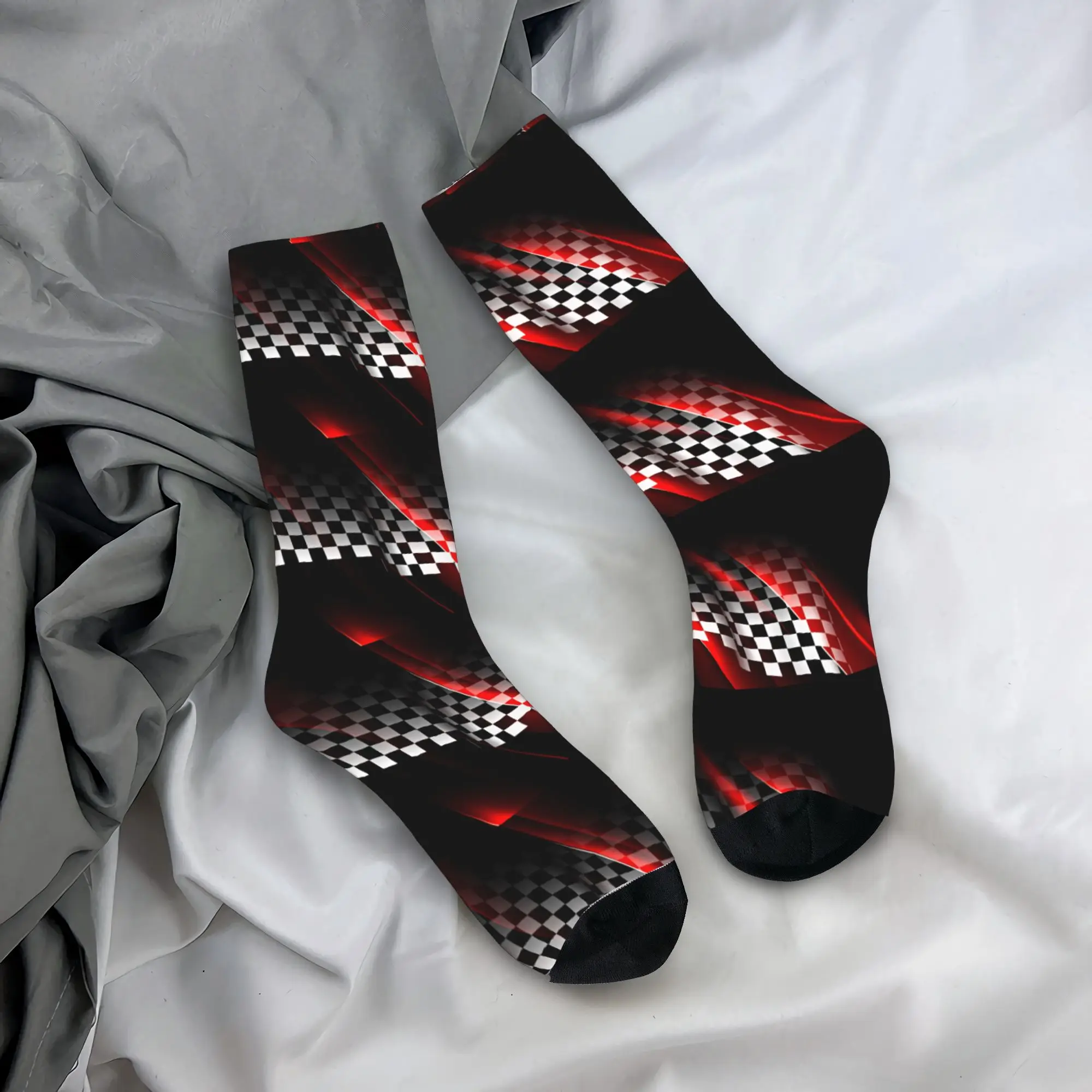 Racing Checkered Motor Stockings  Gothic Socks Couple Medium Soft Socks Autumn Outdoor Sports Design Non Slip Socks Gift Idea