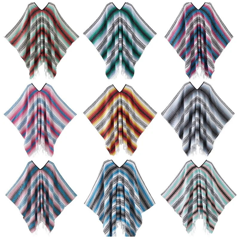 

Mexican Geometric Fringe Style Woven Poncho Pullover Design for Festival Boho Chic Outfit Essential