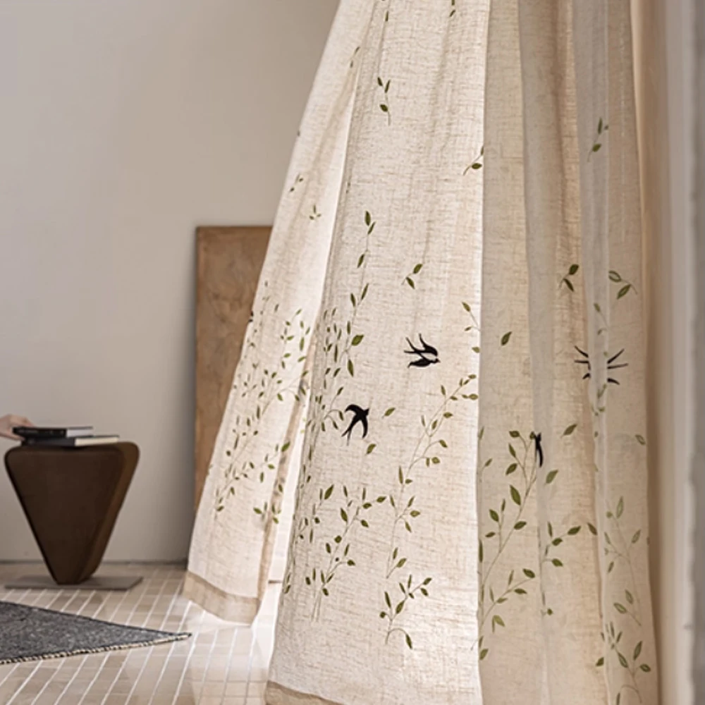 Chinese Aesthetic Embroidered Linen Half-Shade Modern Minimalist Sheer Curtain, Living Room Bedroom Drapes, Light-Transmitting