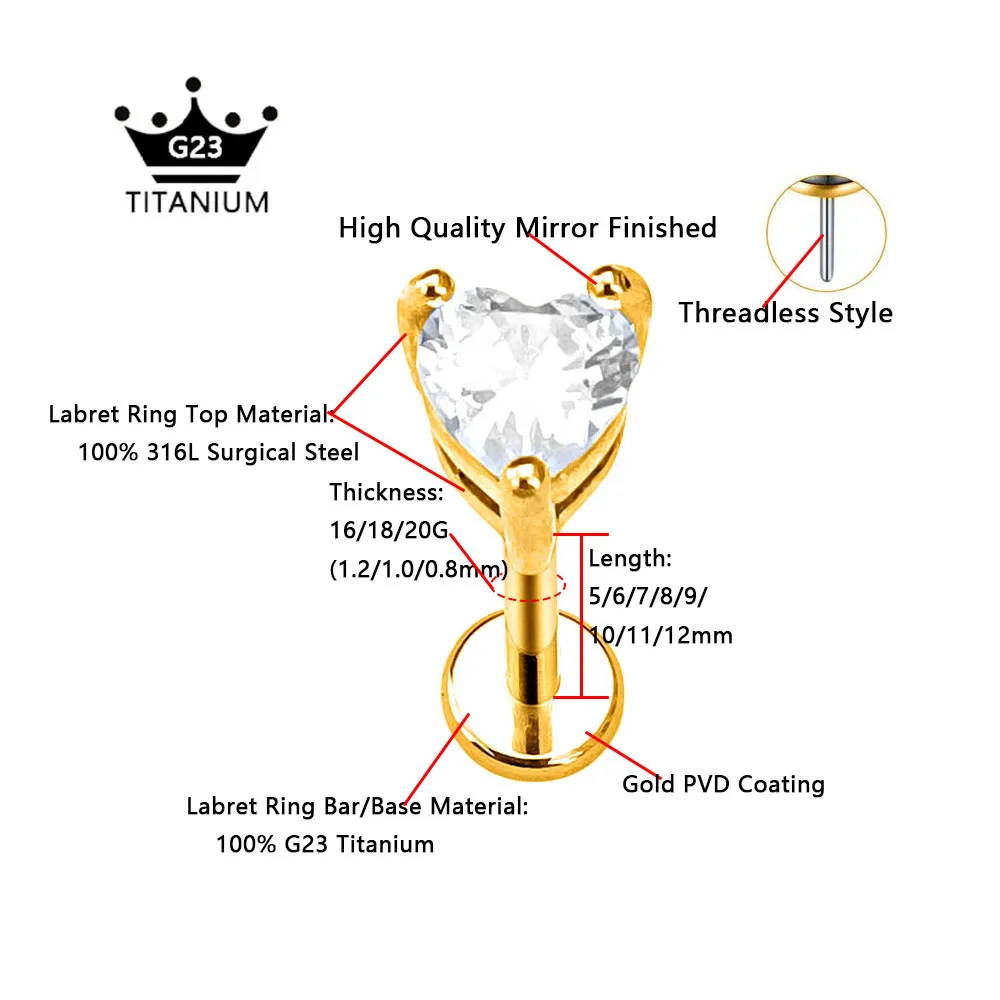ASTM F136 G23 Titanium Flower Heart Moon Petals CZ Threadless Piercing Leaf Spider Fish Dragonfly Peacock Daith Conch Earrings