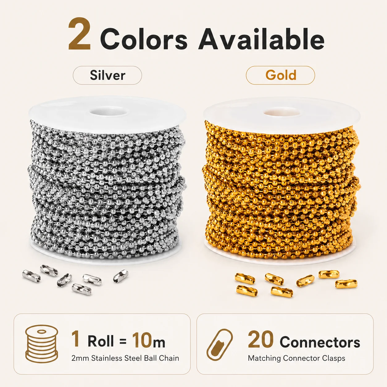 1Roll 10M 2mm Ball Chain With 20Pcs Connector Clasps Beaded Chains DIY Jewelry Making Necklace Pendant Keychain Accessories view 2