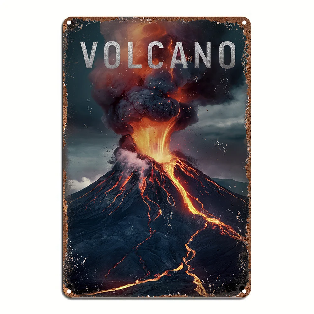 Vintage Volcano Metal Tin Sign -  , Durable Aluminum Wall Art with Erupting Volcano Design, Perfect for Home, Office, Porch & Ou