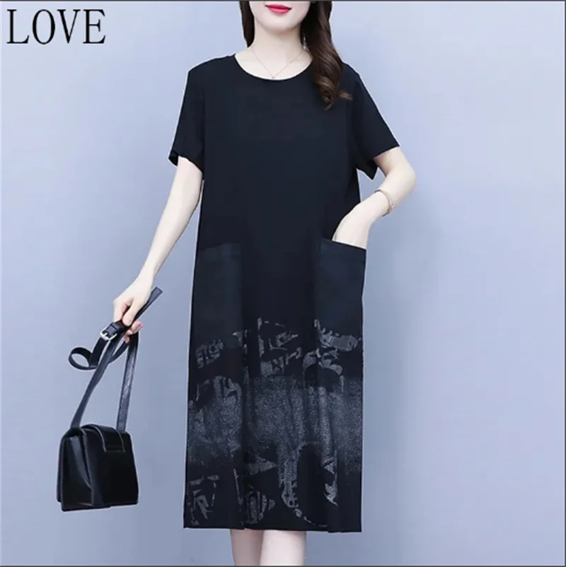 New Fashion Short-sleeved Round Neck Dress Women's Spring and Summer Dress Plus Size Fat mm Loose Cover Belly Loose Pocket Skirt