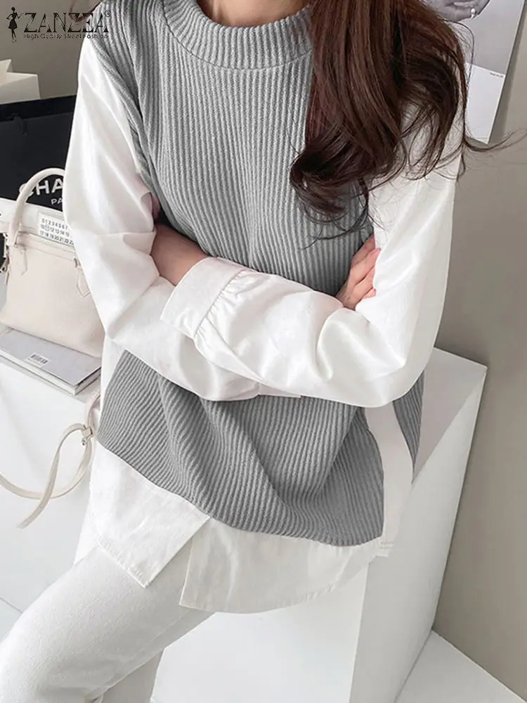 ZANZEAเกาหลีแฟชั่นเสื้อแขนยาวลําลองPatchworkผู้หญิงถักเสื้อฤดูใบไม้ร่วง2024ปลอม2ชิ้นเสื้อยืด