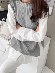 ZANZEA Korean Fashion Long Sleeve Sweatshirts Casual Patchwork Women Knitted Pullover Tops Autumn 2024 Fake Two-Piece T-shirts