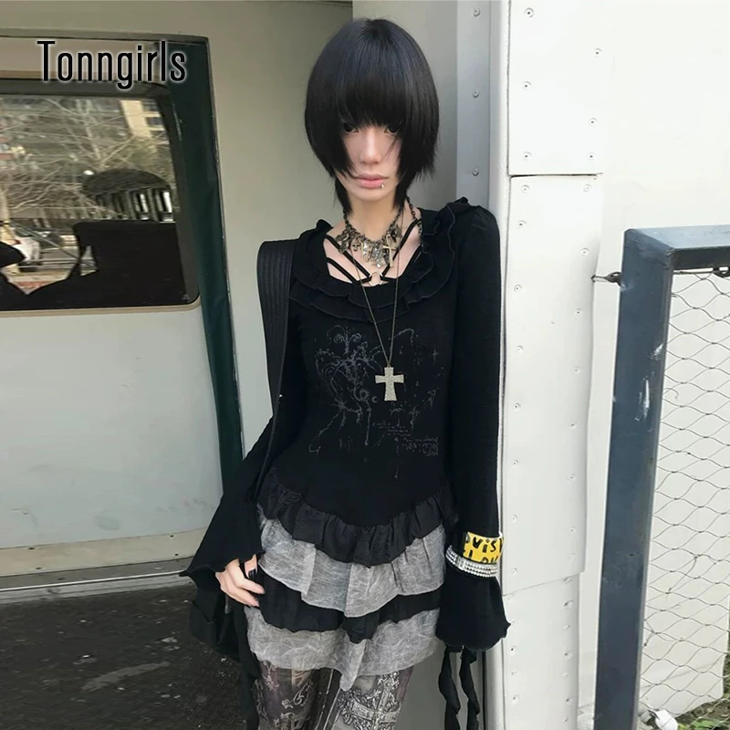 Tonngirls Gothic T Shirt Women Patchwork Lace Irregual Tee Tops Y2k Japanese 2000s Dress Tops Streetwear Fairycore Tshirts