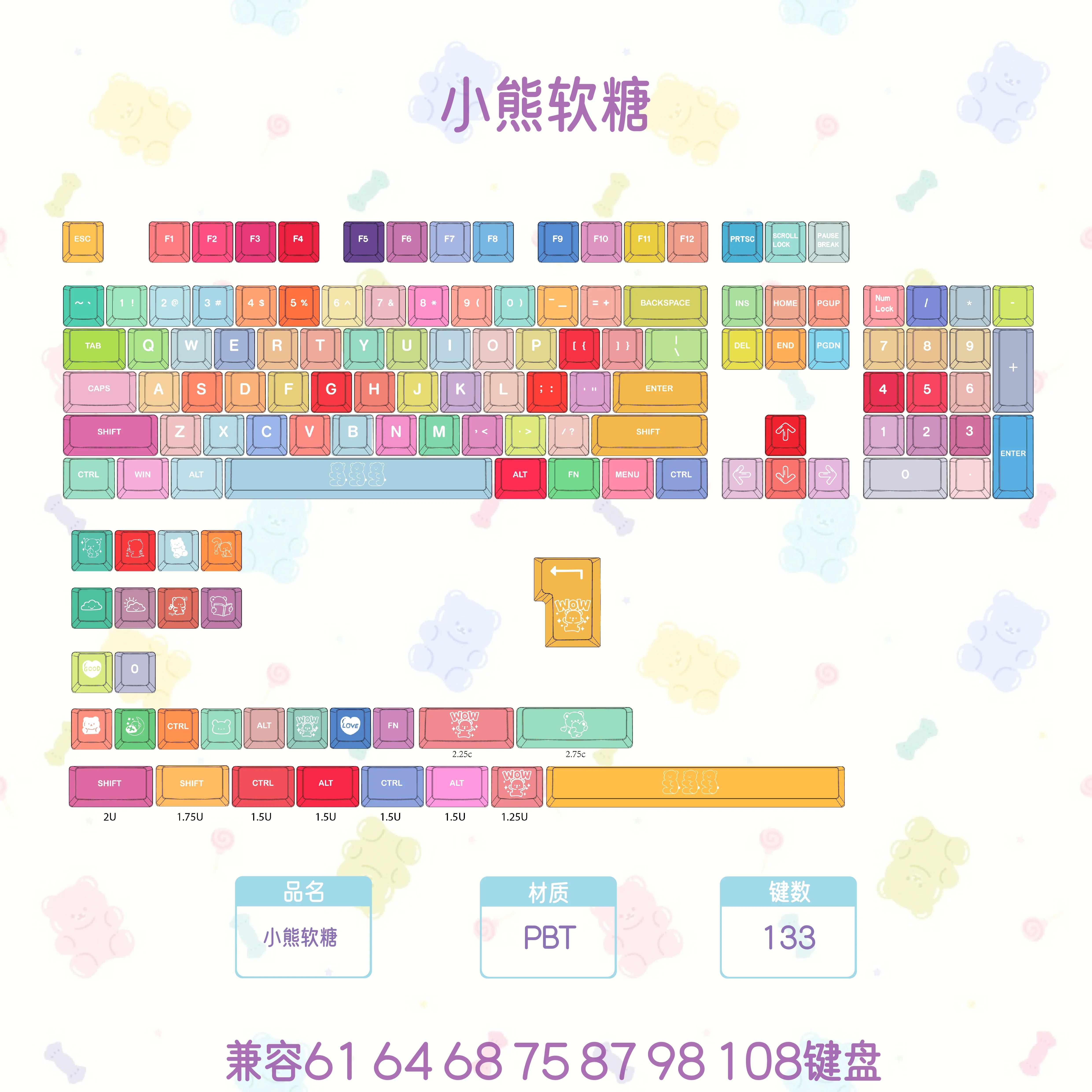 

Колпачки для клавиш Gummy Bear-Themed MOA Height PBT, колпачки для клавиш, пятисторонняя горячая сублимация, полный комплект для киберспорта по индивидуальному заказу