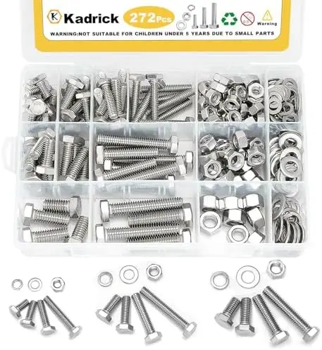 

Kadrick 272Pcs Stainless Steel Bolts & Nuts Kit – SAE 18-8 (304) Assortment with Washers, 1/4-20, 5/16-18, 3/8-16