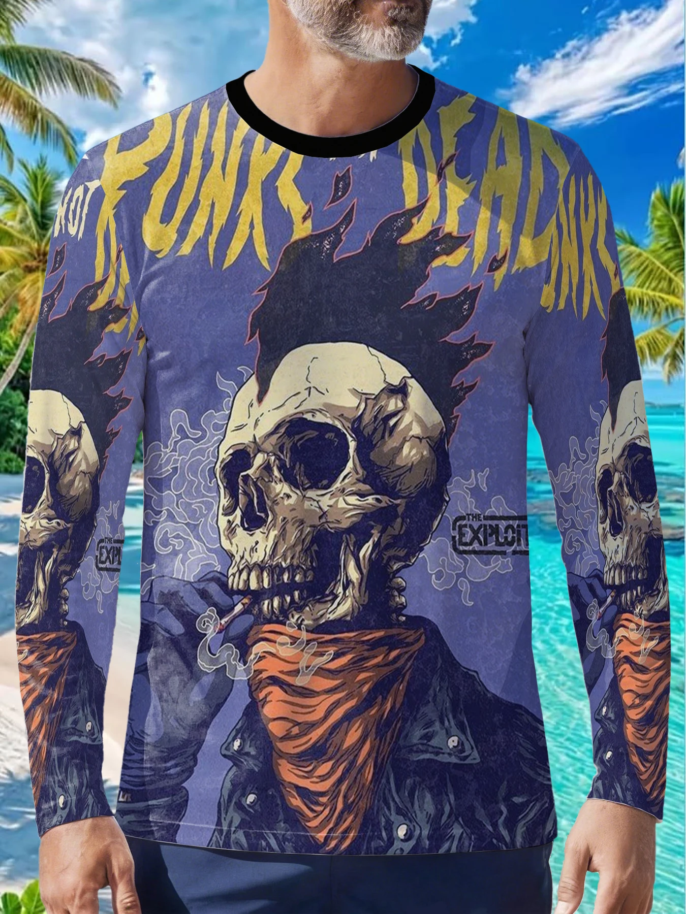 Punk Skull Cigarette Rock Music Mens Polyester Long Sleeve T Shirt Punks Not Dead Skeleton Print Graphic Tee Vintage Retro Casua
