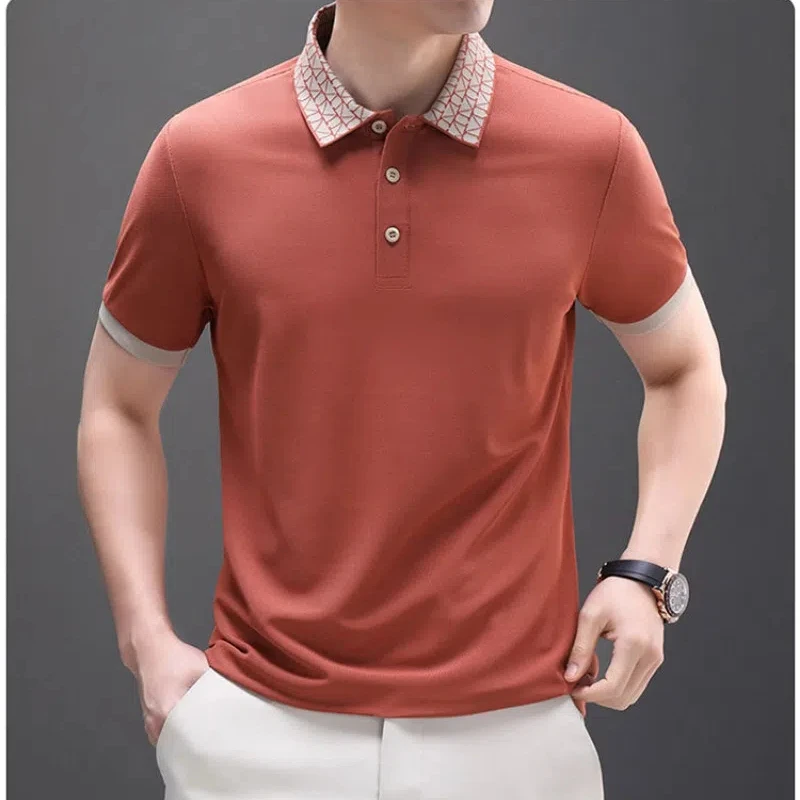 

Men's Clothing Business Short Sleeve Summer Turn-down Collar Contrast Color Button Polo T-shirt Formal Retro England Style Tops