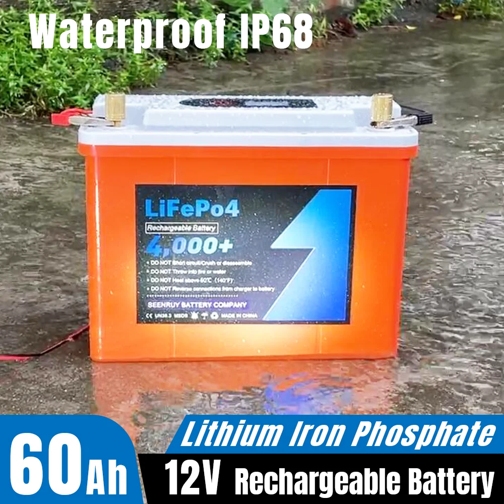 12V 50Ah 60Ah LiFePO4 Battery Pack 768Wh Waterproof IP68 Built-in BMS Power Bank for Fishing Outdoor Easy to carry +Charger