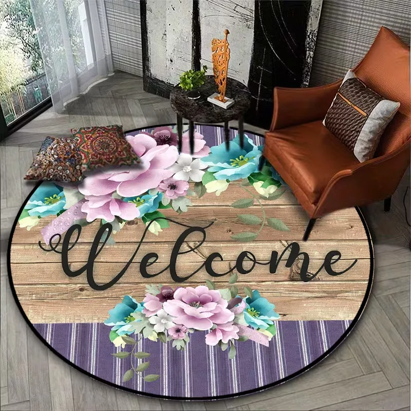 Hummingbird Sunflower Welcome Round Area Rug Watercolor Floral Bird Non-Slip Carpet Boho Summer Home Decor Circular Mat