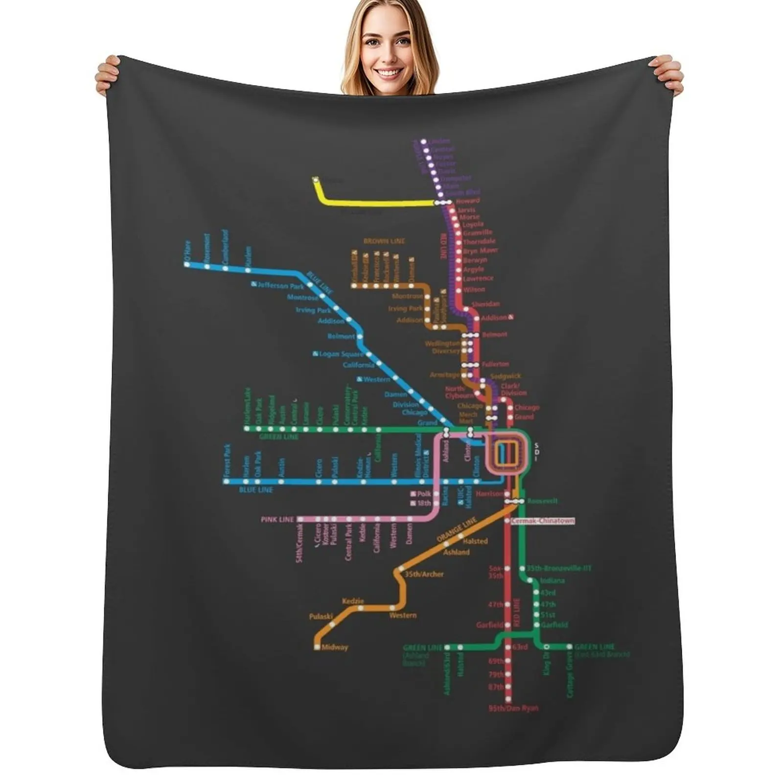 Chicago Trains Map Throw Blanket Warm Plush Fuzzy Blanket for Living Room