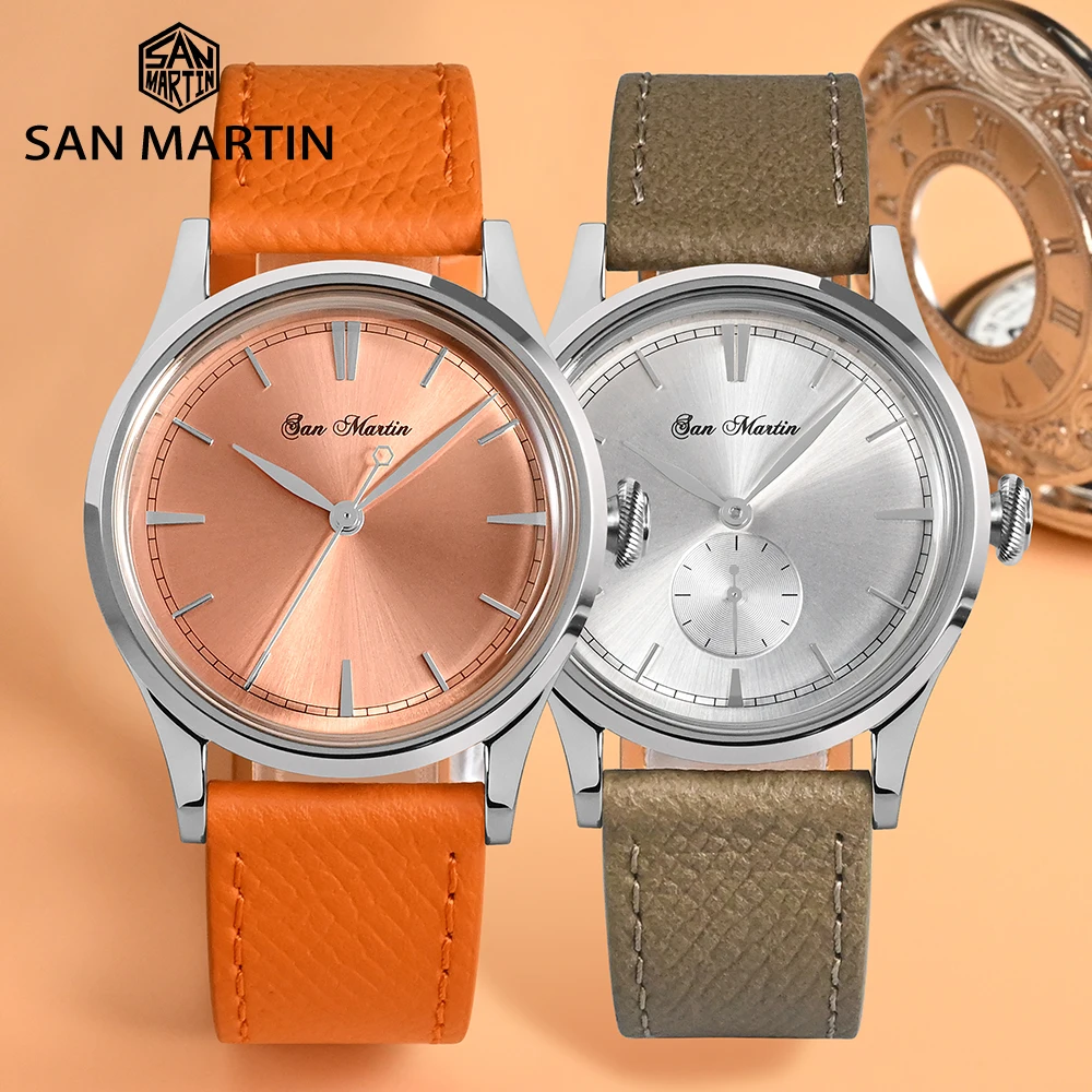 San Martin Mens Dress Watch 38mm Sunray Salmon Dial Ronda 715/6004 Quartz Movement Vintage Simple Watches 5 Bar Leather Strap