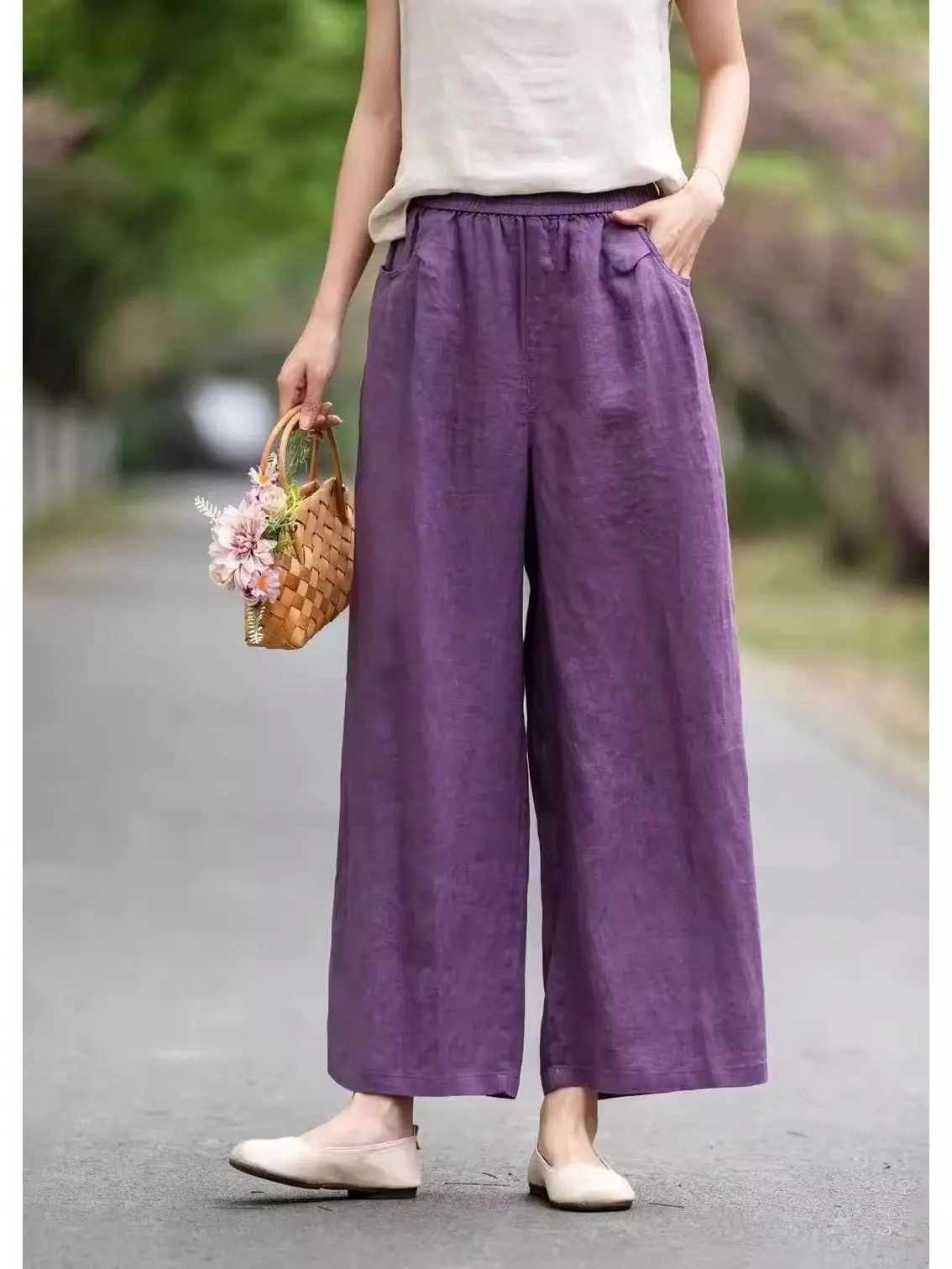

High Waist Wide Leg Cotton Linen Thin Pants Loose Slim Straight Cut Elastic Waist Nine Points Pants Casual Style Summer Wear