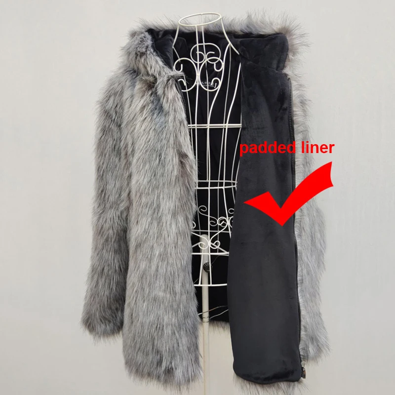 PFNW Hooded Faux Fox Fur Jacket For Men 2024 New Loose Fit Thick Winter Coat Soft Silver Grey Causl Padded Liner Jacket 12C1170