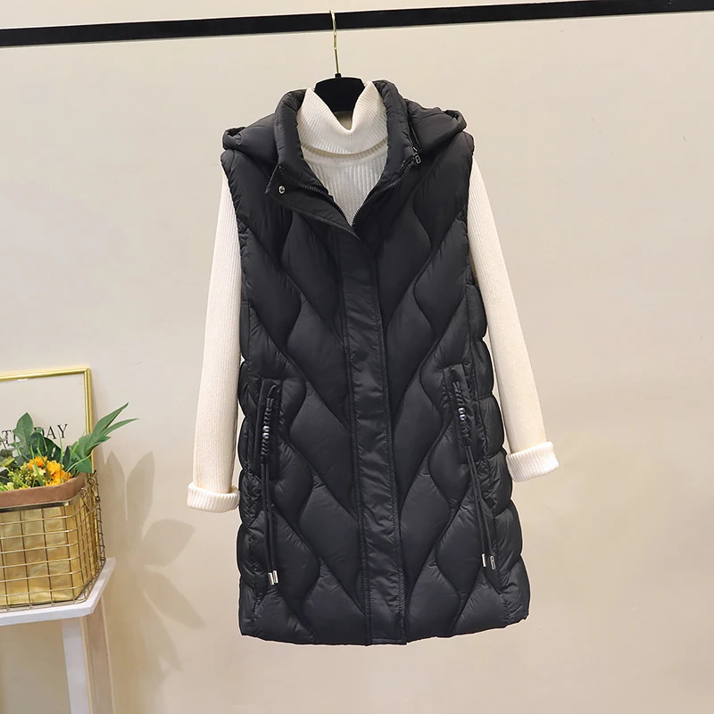 

Women's Mid-Length down Cotton Vest Autumn Winter Thiened Warm Outerwear Jaet Removable Cap Zipper Closure Other Material