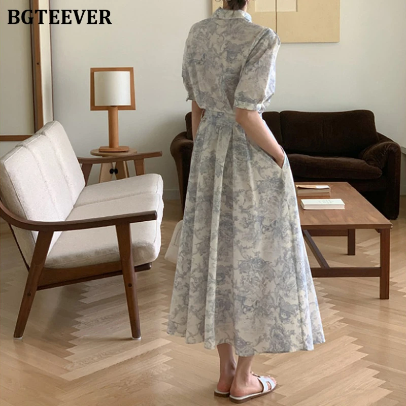 BGTEEVER Elegant Short Sleeve Female Printed Dress Spring Summer Vintage Slim Waist Lace-up Women A-line Dress