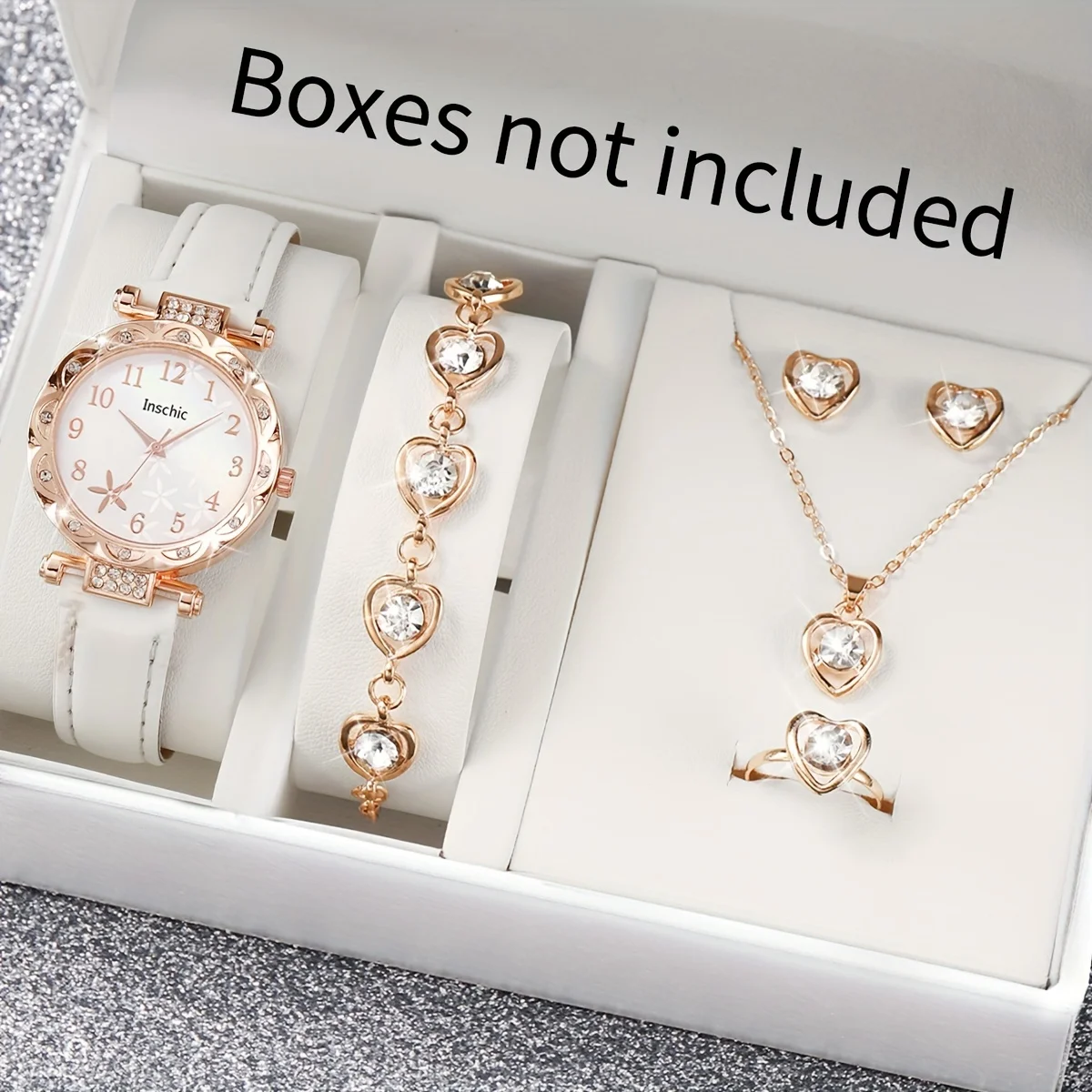 6pcs/set Glamorous Womens Elegant Flower Rhinestone Quartz Watch & Heart-Shaped Jewelry Set - Fashionable Analog Romantic