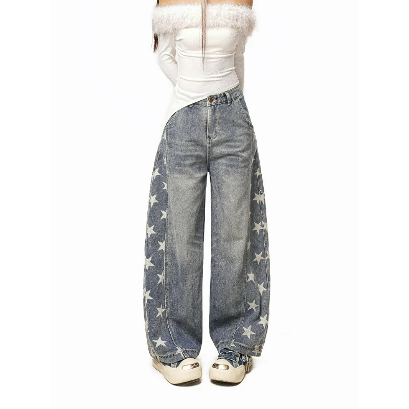 American Retro Design Sweet Cool Y2k Star Print Women's Trousers 2025 Autumn Winter New Hot Girl Straight Wide-leg Jeans Ladies