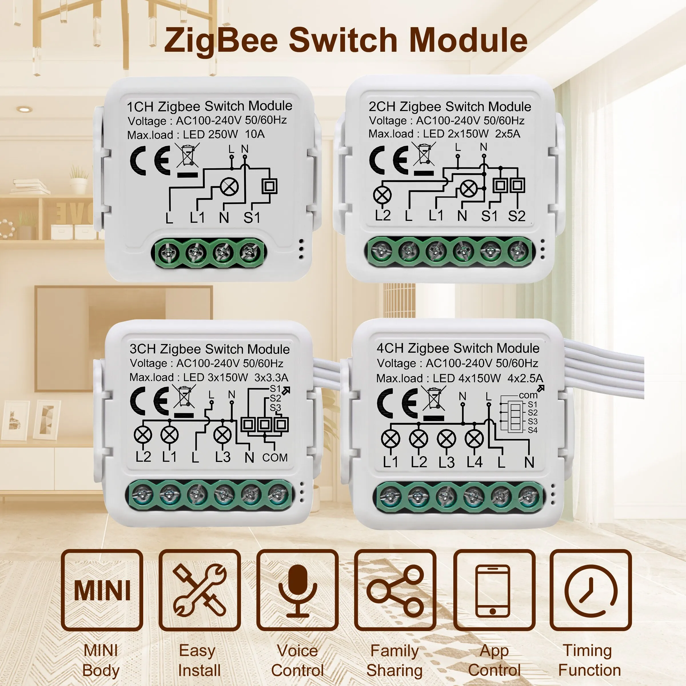 GIRIER Tuya ZigBee 3.0 Switch Module 10A Smart Home DIY Breaker 1 2 3 4 Gang Supports 2 Way Control Works with Alexa Google Home