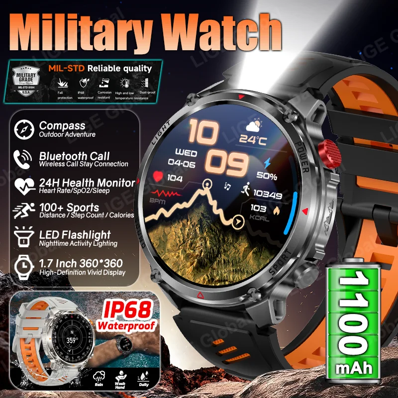 LIGE 2026 Wander-Smartwatch 1,7" Bildschirm 1100mAh Akku LED-Licht Kompass IP68 Sprachassistent Outdoor-Sport Fitness Smartwatch