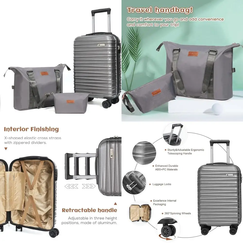

Three-Piece Hardshell Spinner Luggage Set with Carry-On Suitcase, Weekender Bag, and Toiletry Bag in Grey