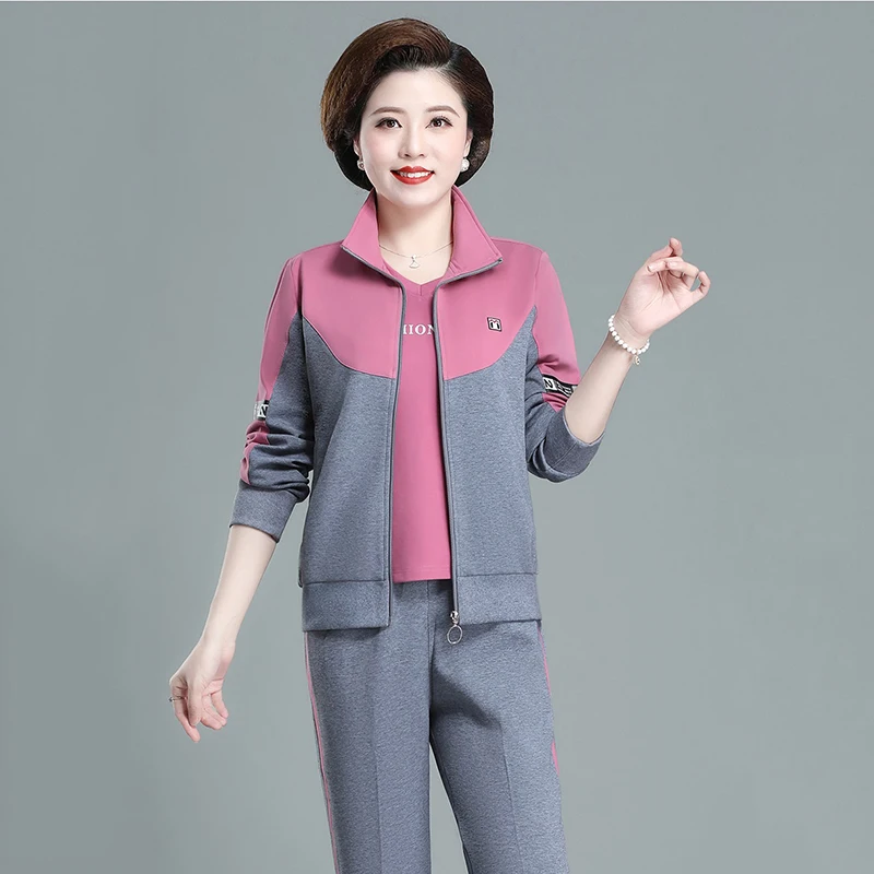 Mom Casual Suit Jacket Fashion Loose Splicing Long Sleeve Sports Suit Women 2024 New Spring Autumn Sports Three-piece Female