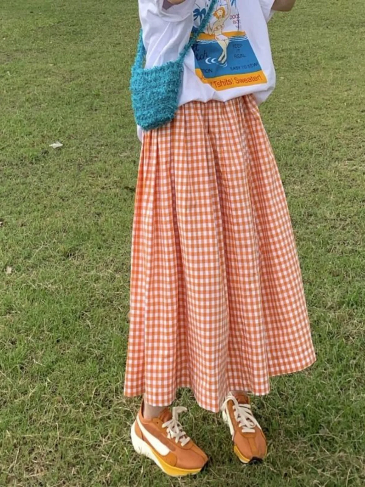 

Юбка А-силуэта с высокой талией, оранжевая в клетку, повседневная, универсальная, женская, весна-лето 2025, новая, в японском стиле, простой дизайн