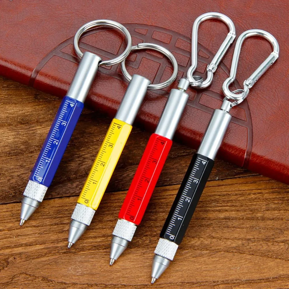 6 in 1 Metal Pen Tool with Hook Multifunctional Screw Bits Scale Ruler Ballpoint Pen Outdoor Portable Alloy Pen Tools