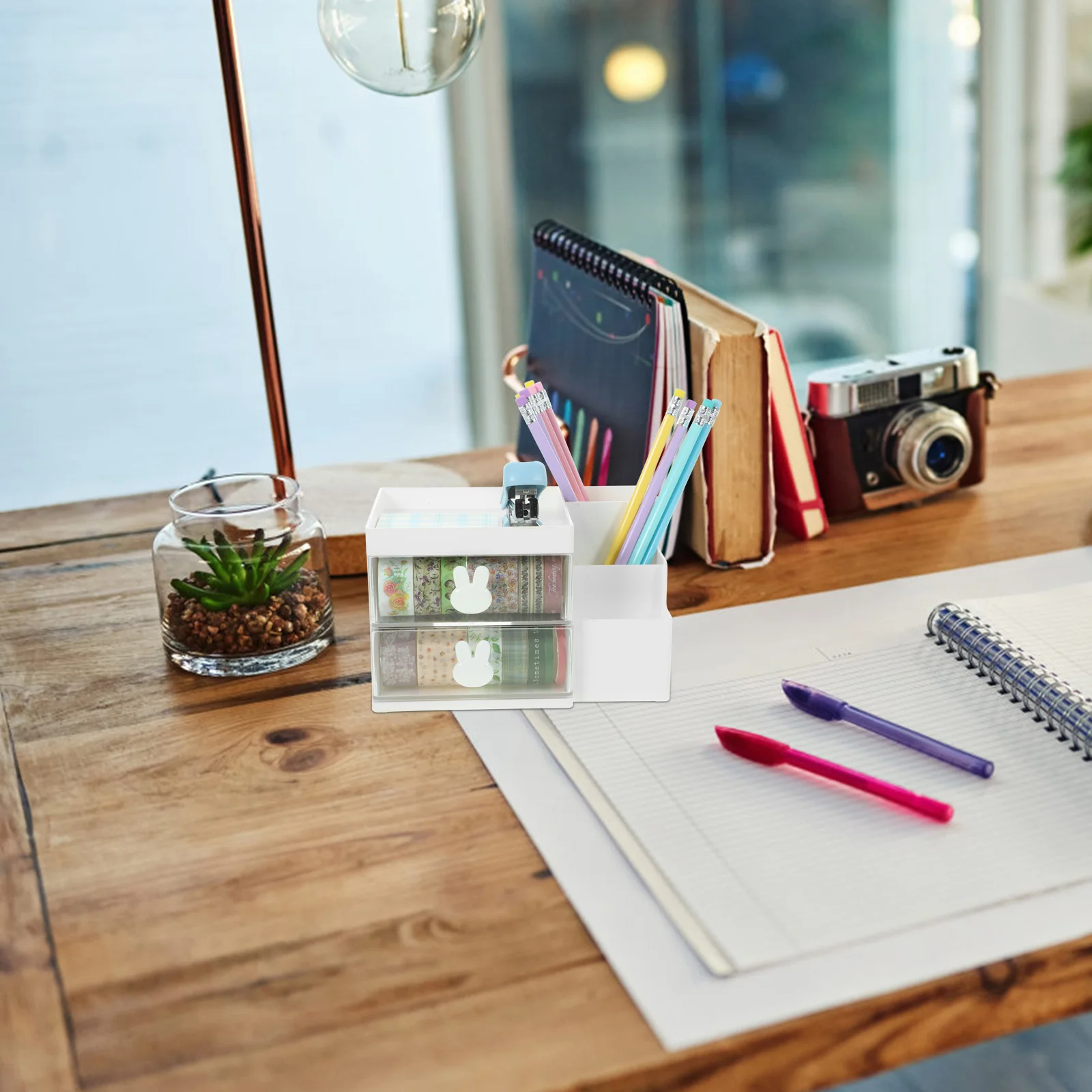 Pot Lid Holder Desktop Pen Storage Box Drawer-type Office Stationery Cosmetics Multi-Function Organizing Rack (White) Organizer